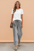 Denim Raw Hem Drawstring Wide Leg Pants