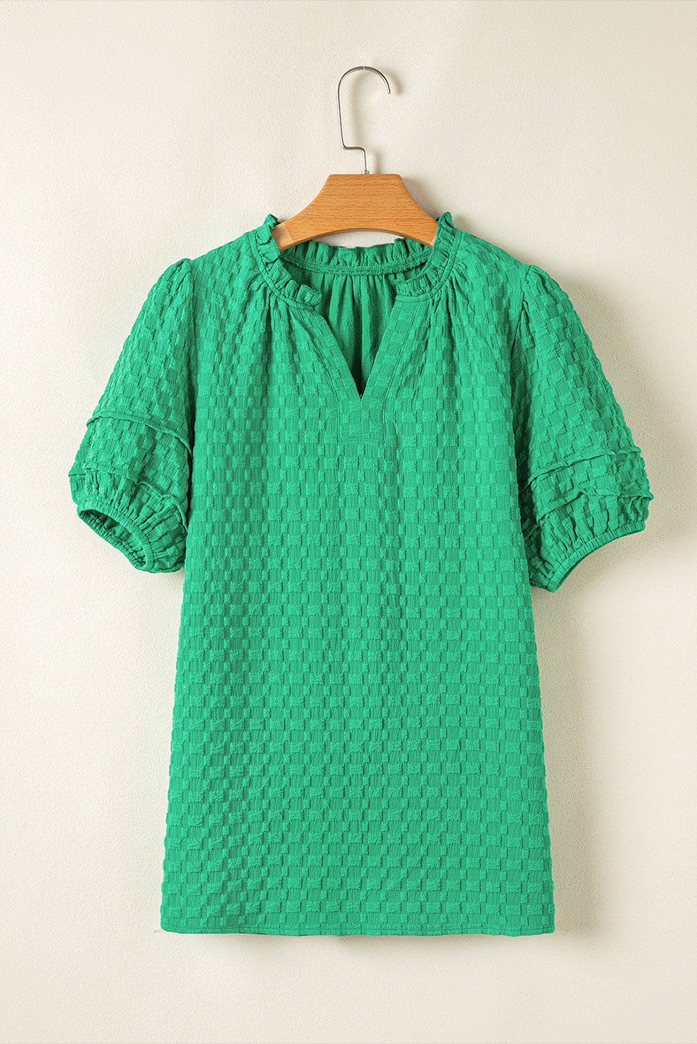 Textured Short Puff Sleeve Notch V-Neck Top