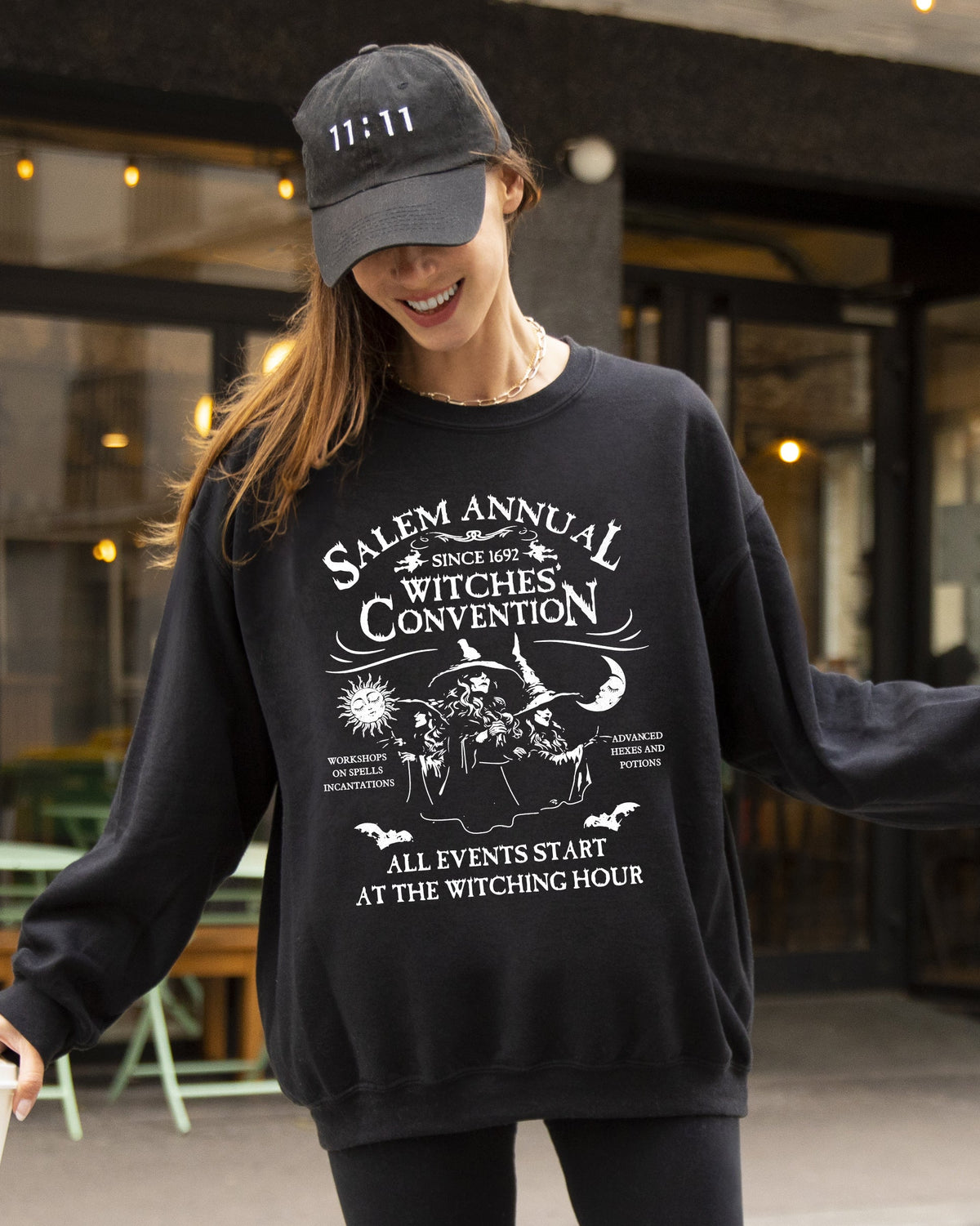 Salem Annual Witches Convention Spooky Skeleton Ghost Witch Skull Meme Halloween Costume Sweatshirt