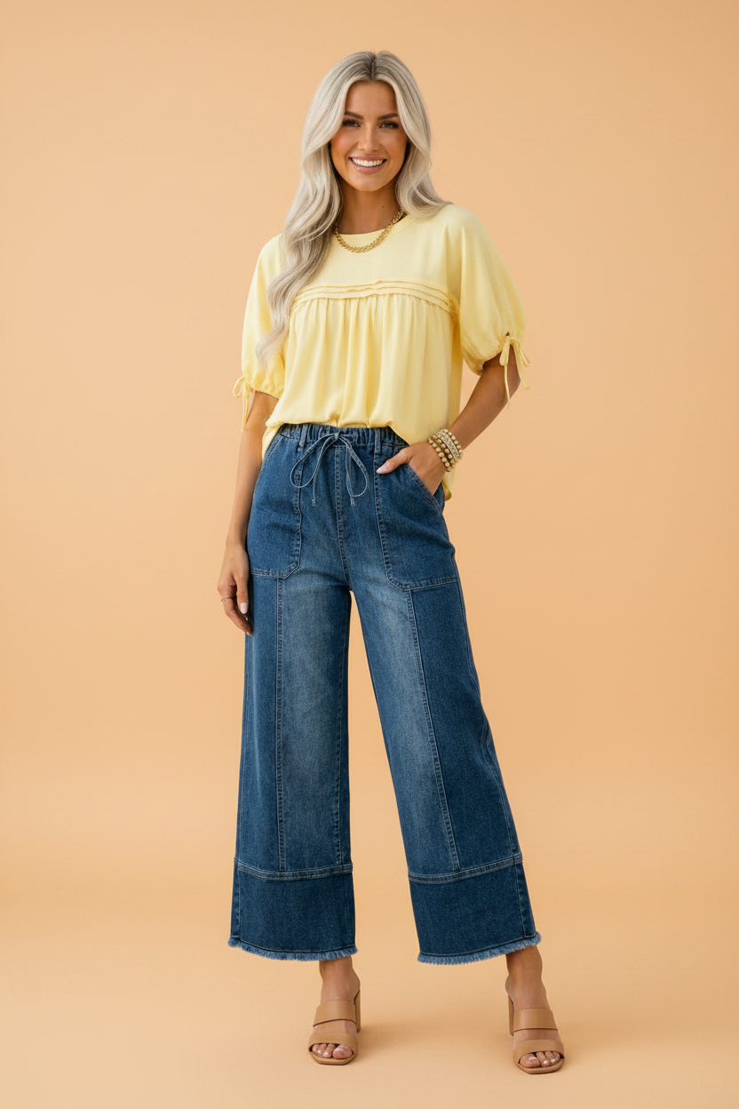 Denim Raw Hem Drawstring Wide Leg Pants
