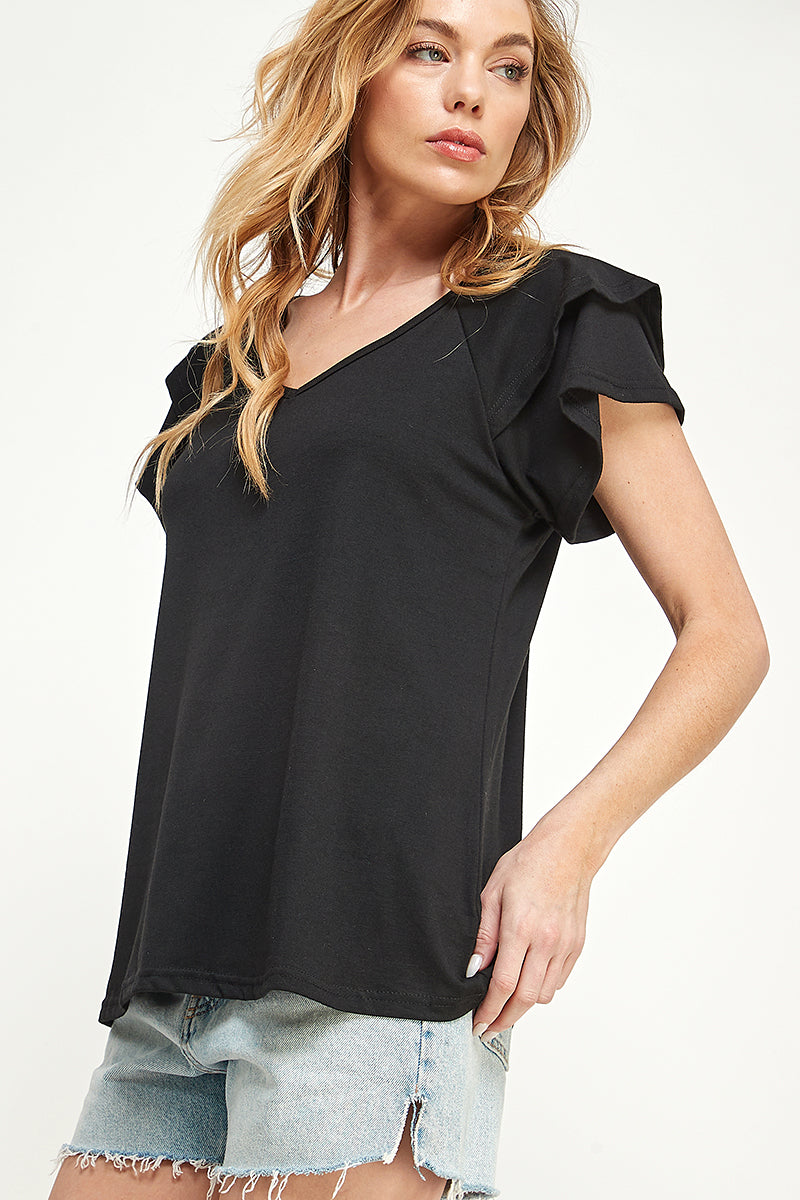 ST0191-KNIT DOUBLE RUFFLED SLEEVE TOP