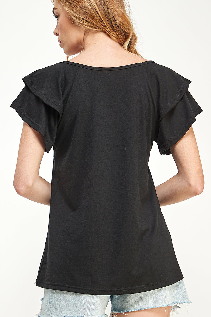 ST0191-KNIT DOUBLE RUFFLED SLEEVE TOP