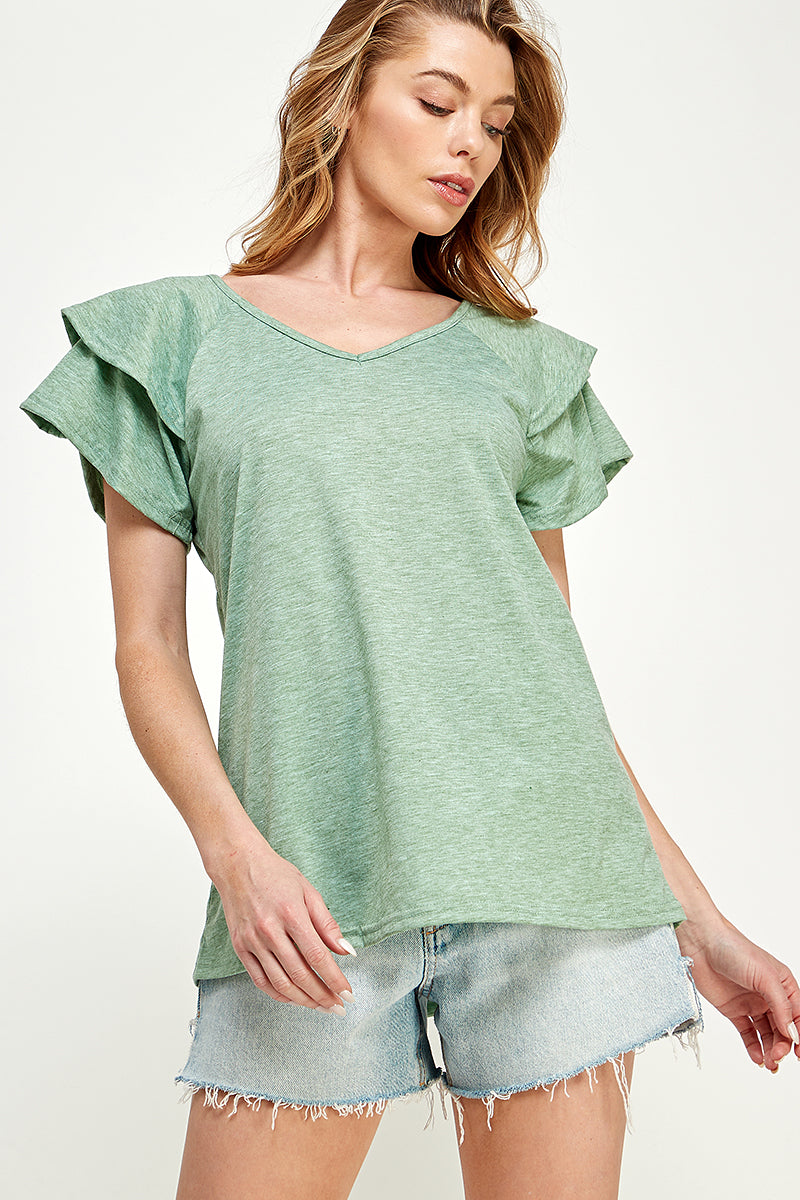 ST0191-KNIT DOUBLE RUFFLED SLEEVE TOP