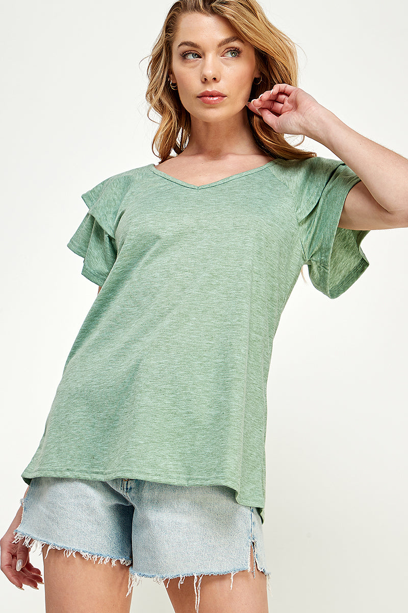 ST0191-KNIT DOUBLE RUFFLED SLEEVE TOP