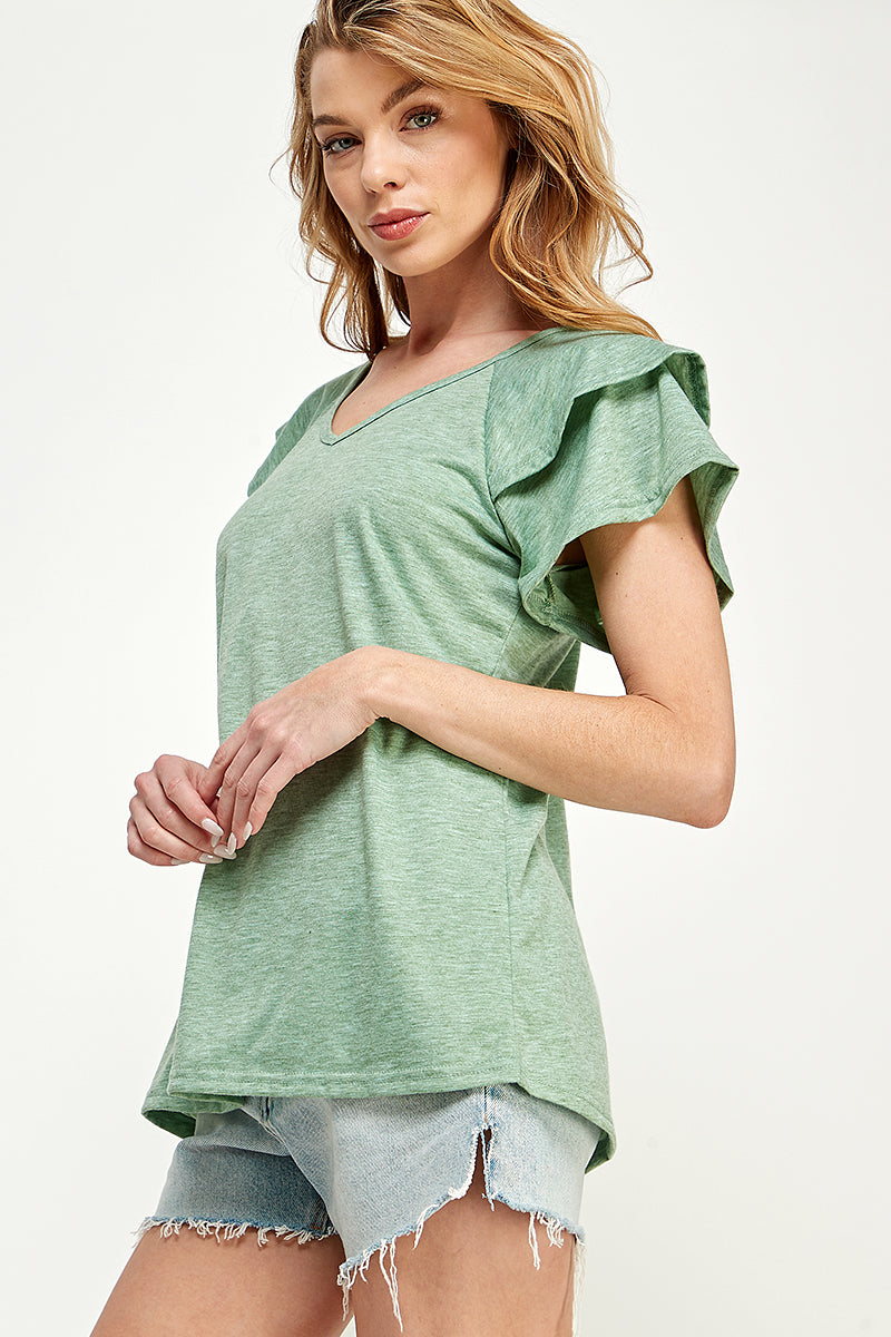 ST0191-KNIT DOUBLE RUFFLED SLEEVE TOP