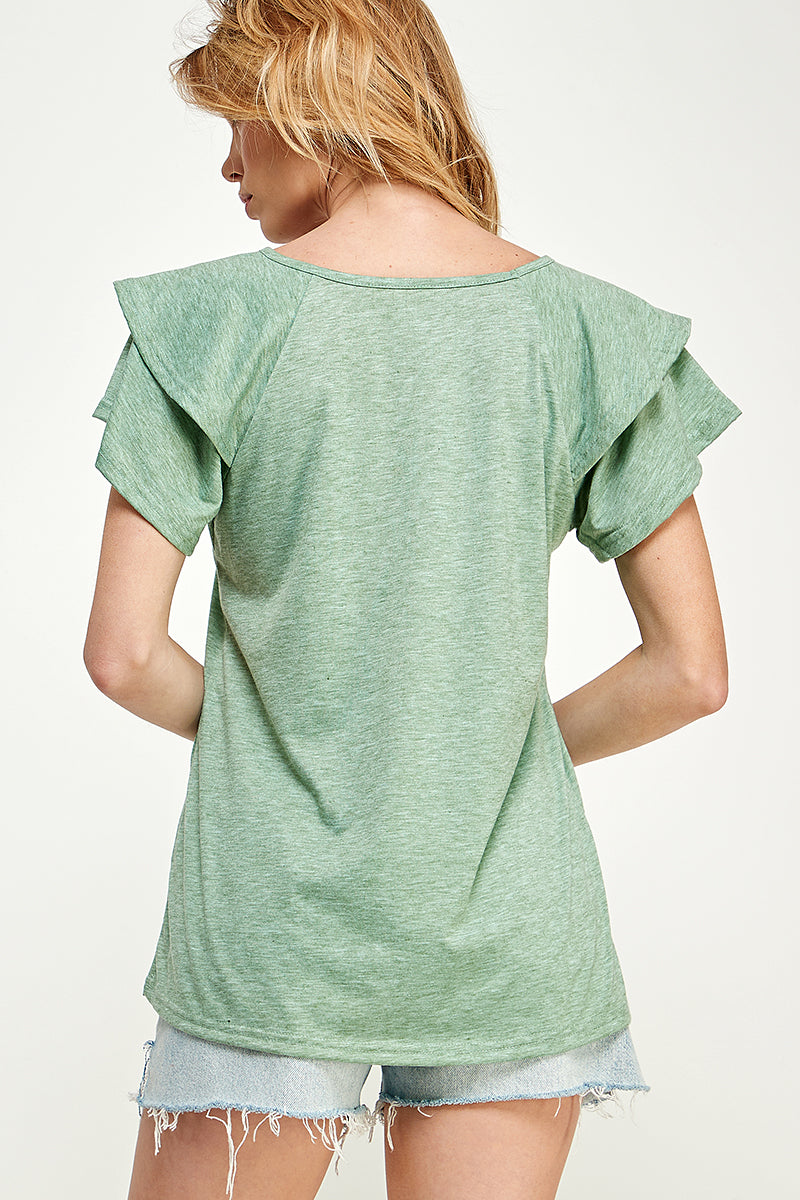 ST0191-KNIT DOUBLE RUFFLED SLEEVE TOP
