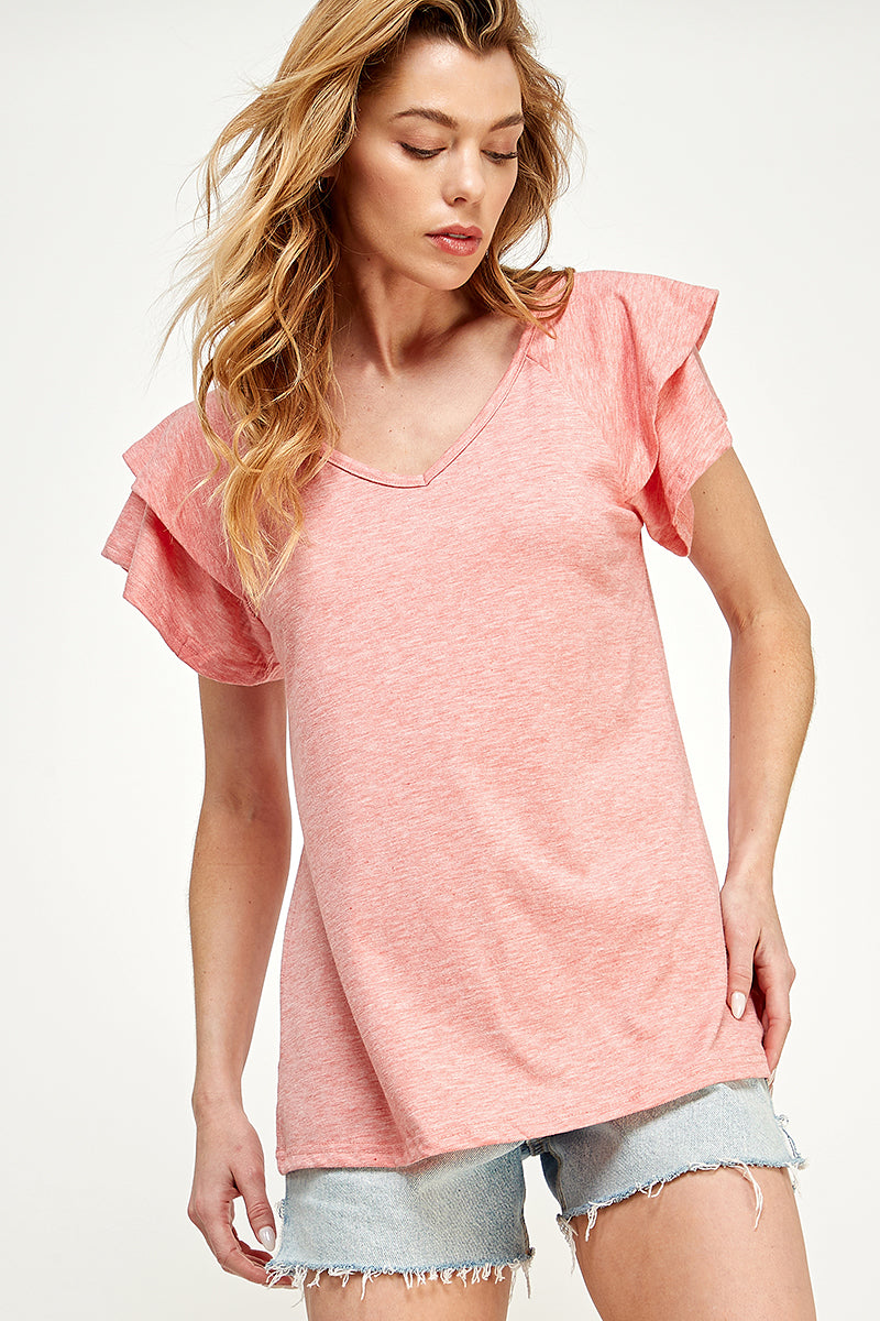 ST0191-KNIT DOUBLE RUFFLED SLEEVE TOP