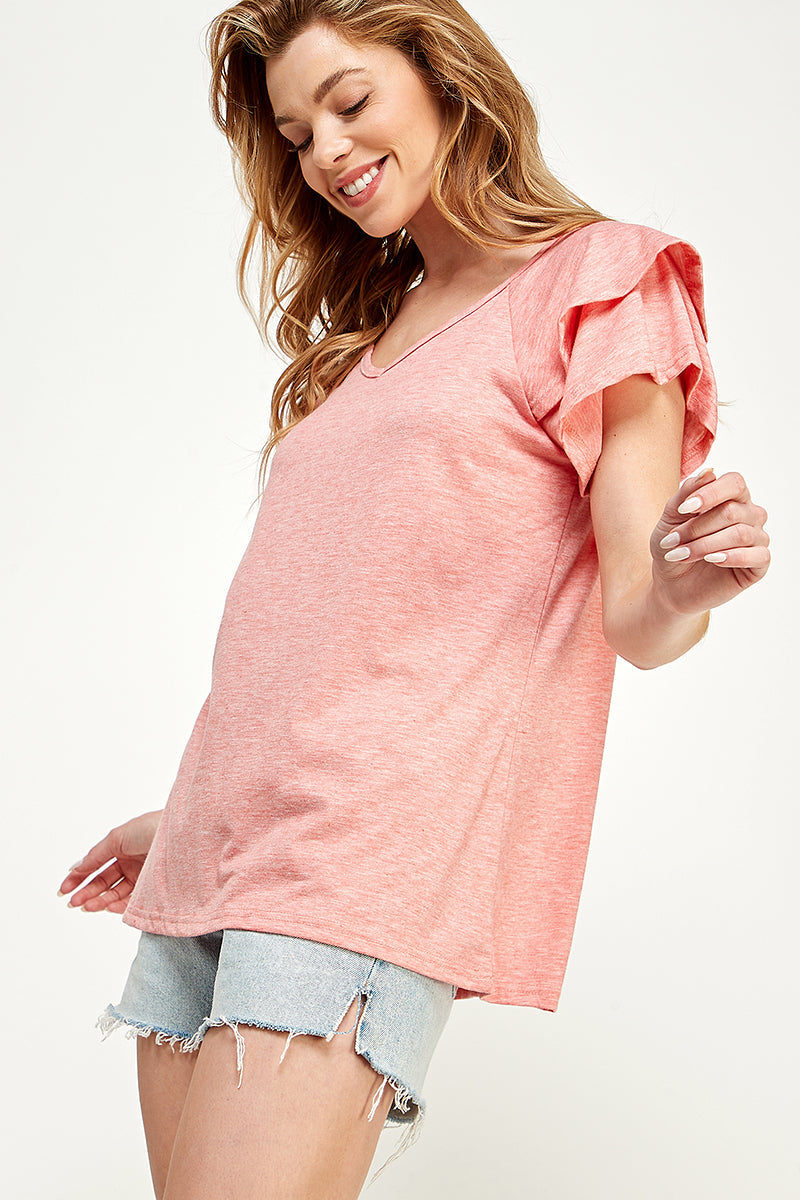 ST0191-KNIT DOUBLE RUFFLED SLEEVE TOP