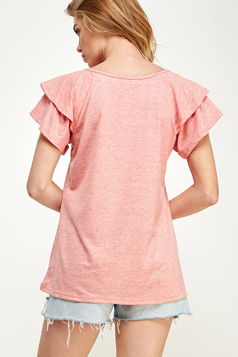 ST0191-KNIT DOUBLE RUFFLED SLEEVE TOP