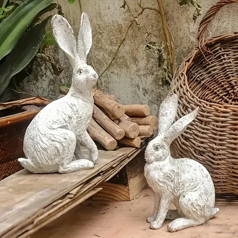 Antique Distressed Old Forest Rustic Wooden Rabbit Resin Sculpture, Animal Decor for Garden and Balcony, Cracked and Peeling Weathered Effect, Vintage Style Animal Statue for Outdoor Landscape and Home Decor